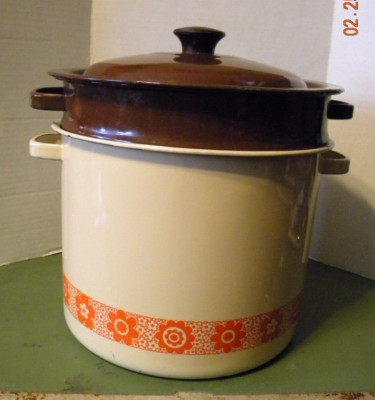 Vtg Double Boiler Stock Pot Colander Set Enamel 60s 70s Orange Brown Beige