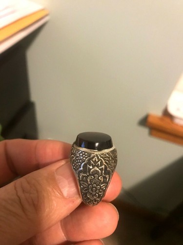 HANDMADE ENGRAVED MEN'S SILVER RING WITH RED ROUND AQEEQ STONE جولة العقيق - Picture 6 of 12