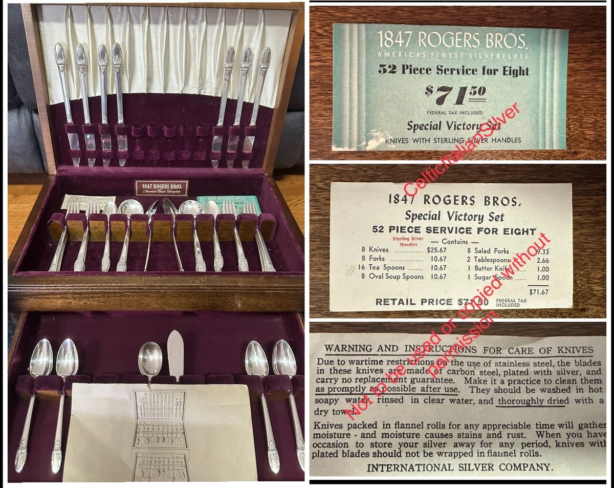 VICTORY SET w/STERLING KNIVES 1847 Rogers 1937 First Love 51 Pc