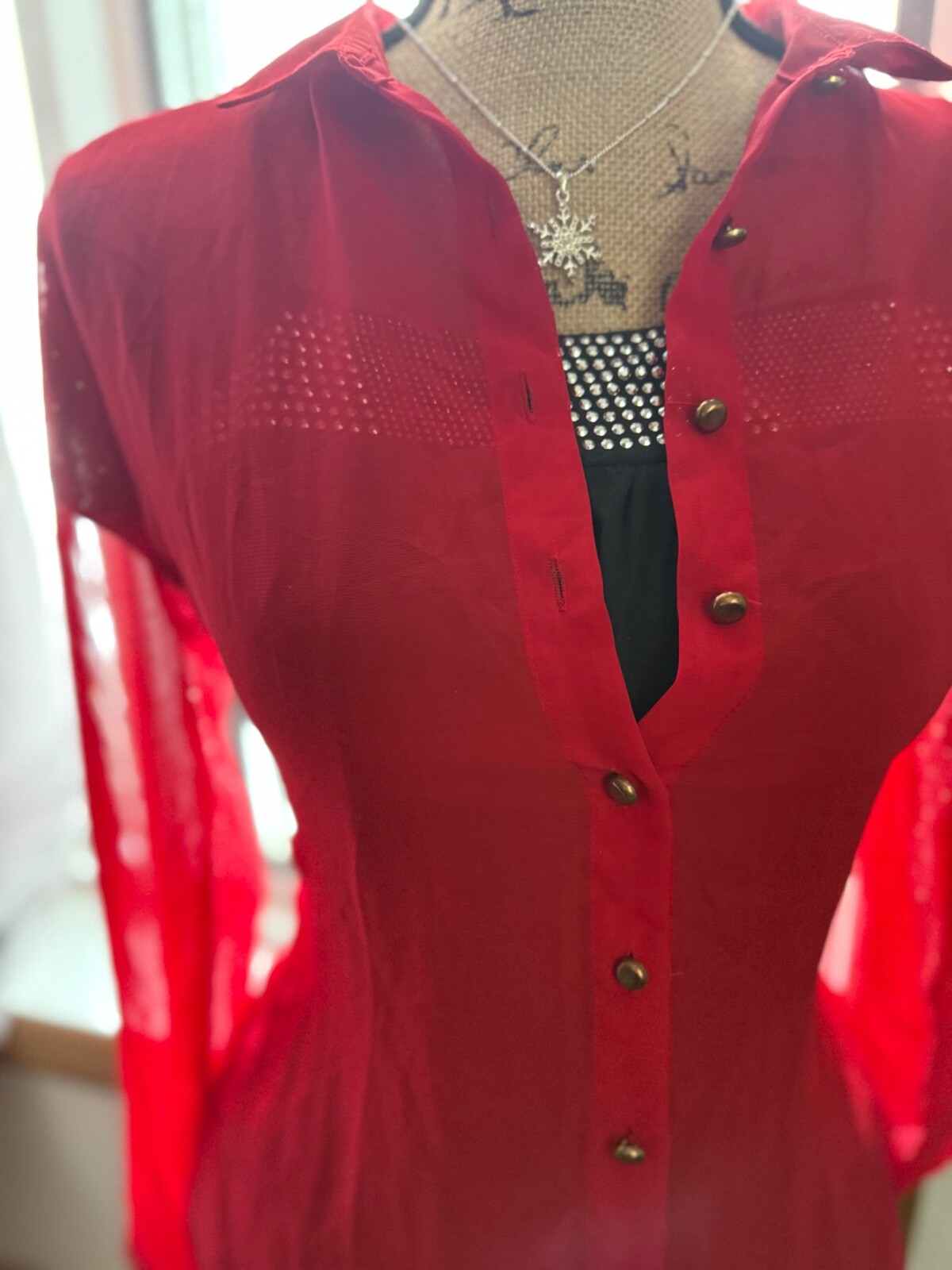 Notations Sheer, Red Studded Button-Up Blouse,  S… - image 14