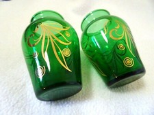 VINTAGE 4" GREEN GLASS VASES (2) W. GOLD TRIM-EXCELLENT