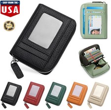 Genuine Leather Men Women Wallet Credit Card Holder RFID Blocking Zipper Pocket