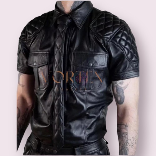 Men's Gay Leather Shirt With Front Pockets Made In Lambskin Leather Shirt LGBT
