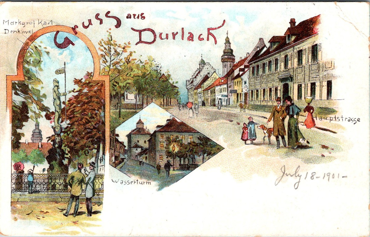 油彩画 Ein Gruß aus Deutschland 1982 GRUSS AUS DURLACK GERMANY VERY OLD UNDIVIDED BACK LITHO POSTCARD