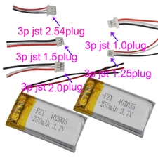 2pcs 3.7v 250 mAh Rechargeable Polymer Li Battery 4mm Thick 402035 3pin Plug