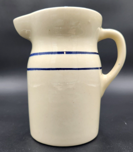 Vintage Pottery Stoneware Pitcher Crock Vase Jug Cream with Blue Stripes 8" Tall