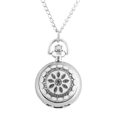 Silver Elegant Flower Women Lady Quartz Pocket Watch with Necklace
