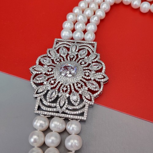 3 Strands 9-10mm Cultured White Pearl Chokers Necklace Big Cz Pave Pendant - Picture 5 of 8