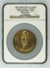 2000 Gilt Pobjoy Mint Silver 5oz Charles Schulz Sparky Peanuts Family NGC MS63