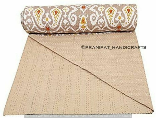 Queen Ikat Print Summer Beige Boho Kantha Quilt Cotton Throw Dorm D?cor Blanket - Picture 4 of 4