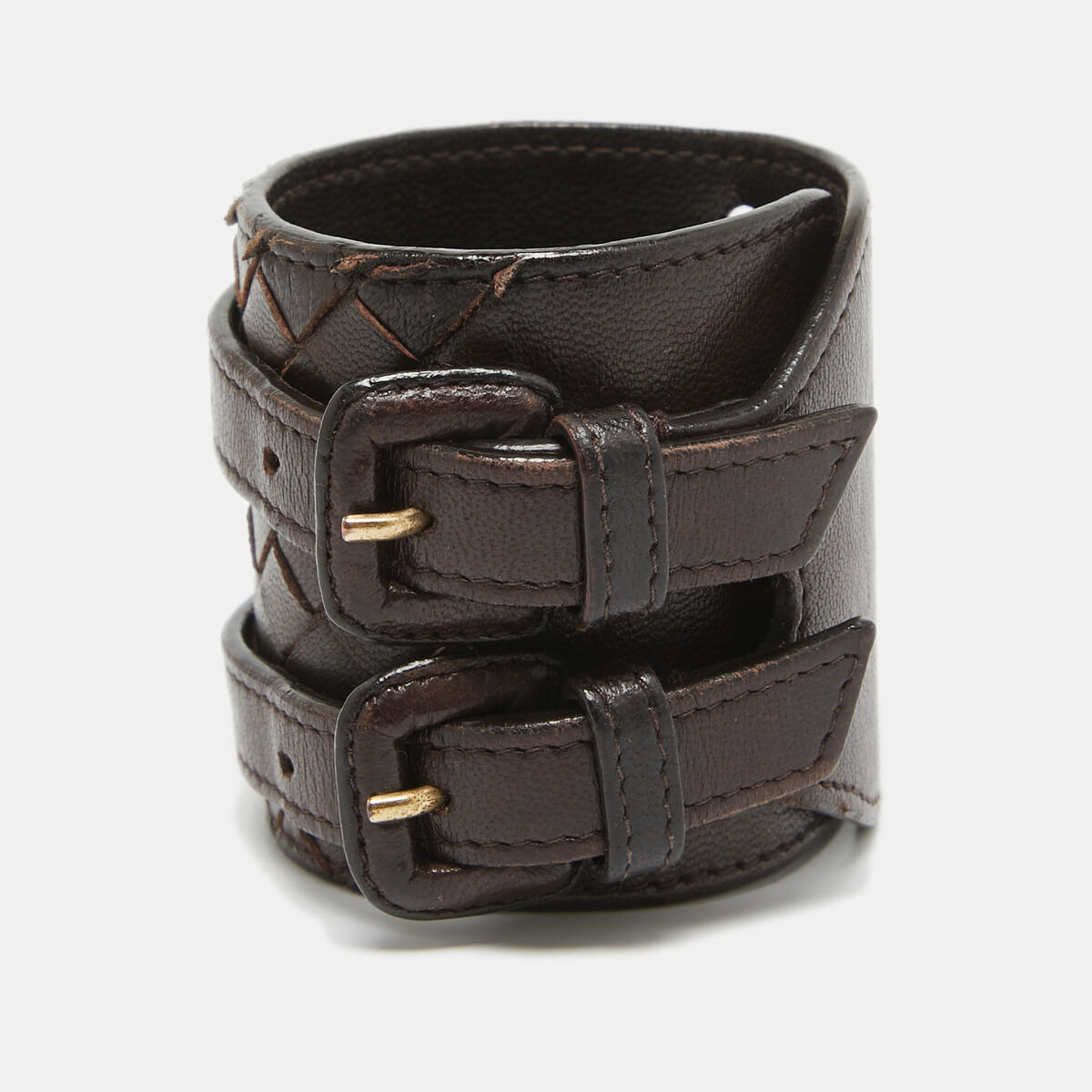 Bottega Veneta Dark Brown Intrecciato Leather Double Buckle Bottega Veneta Dark Brown Intrecciato Leather Double Buckle