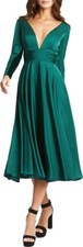 New Mac Duggal Long Sleeve Plunge Neck Cocktail Midi Dress In Emerald Sz 6 $338