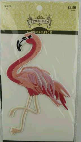 SewOlogy Iron On Patch Pink Flamingo Bird 5.5" 5 Color White Boarder FREE SHIP - Picture 1 of 3