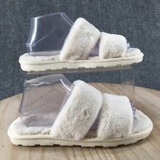 Stars Above Slippers Womens 7 Open Toe Double Straps Slide Flats White Faux Fur