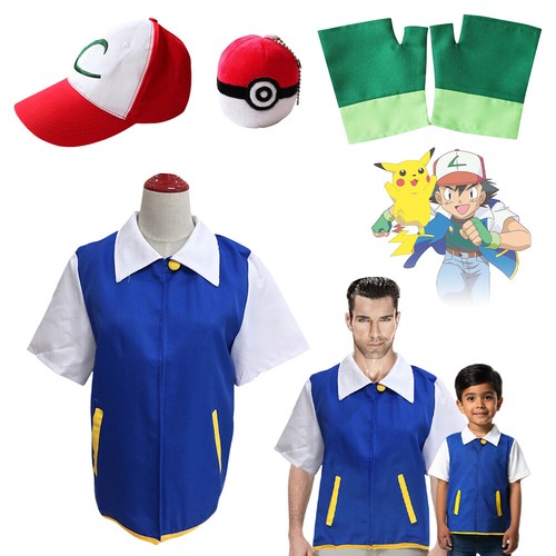 Kinder Erwachsene Pokemon-Ash Ketchum Cosplay Set-Kostüm-jacke + Handschuhe +Hut - Bild 6 von 31