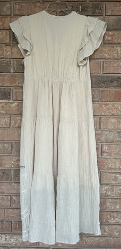 See Be Seen Women's Small Boho Cream Linen Tiered Guaze Maxi Dress Tassel Tie - Picture 3 of 10