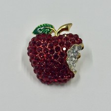 Vintage Apple Brooch Pin – Red & White Rhinestones, Gold