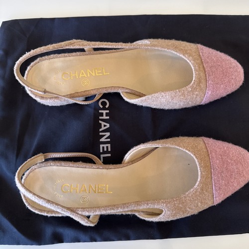Scarpe classiche Chanel lana punta cappuccio logo CC slingback flat beige rosa EU 39 US 9 - Foto 5 di 10