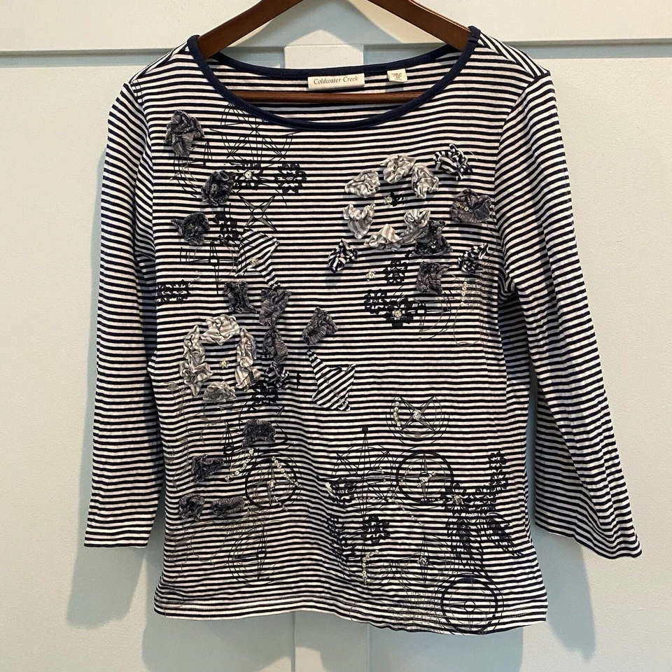 Top Coldwater Creek M Azul Marino Blanco Rayas Mixto Media Lentejuelas 3D Foto 3 de 4