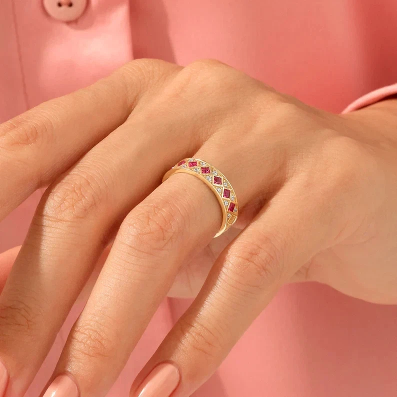 2Ct Princess Cut Lab-Created Gemstone Red Ruby Band Ring 14K Yellow Gold Plated - Image 3 of 4