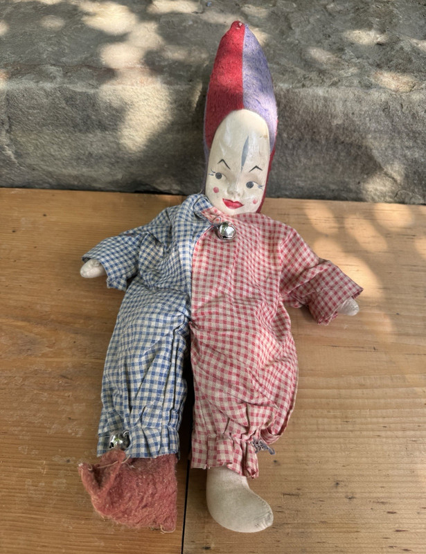 Vintage Cloth Jester Rag Doll Painted Face Red/Blue Hat Gingham Outfit Bells