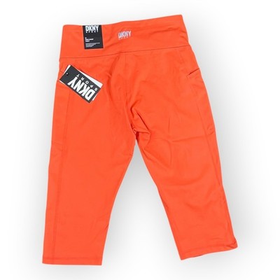 DKNY Sport High Waist Compression Capri Leggings Neon Orange Medium NWT Pockets