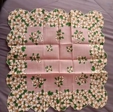 Vintage HANDKERCHIEF - Pink Floral- w/Scalloped Edges 1960's - UNUSED