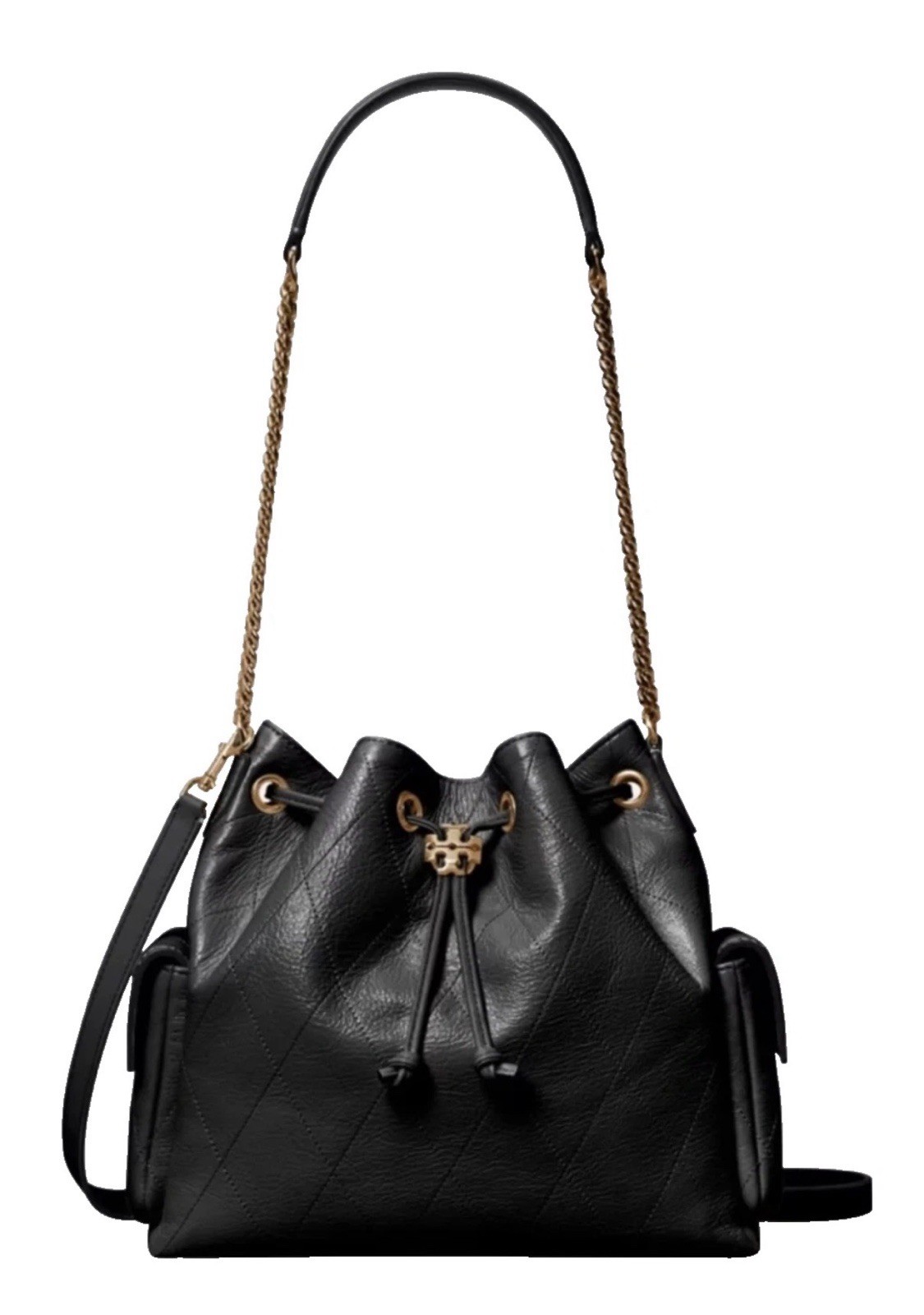 Tory Burch Small Charlie Quilted Drawstring Black Leather Shoulder Bag Gold