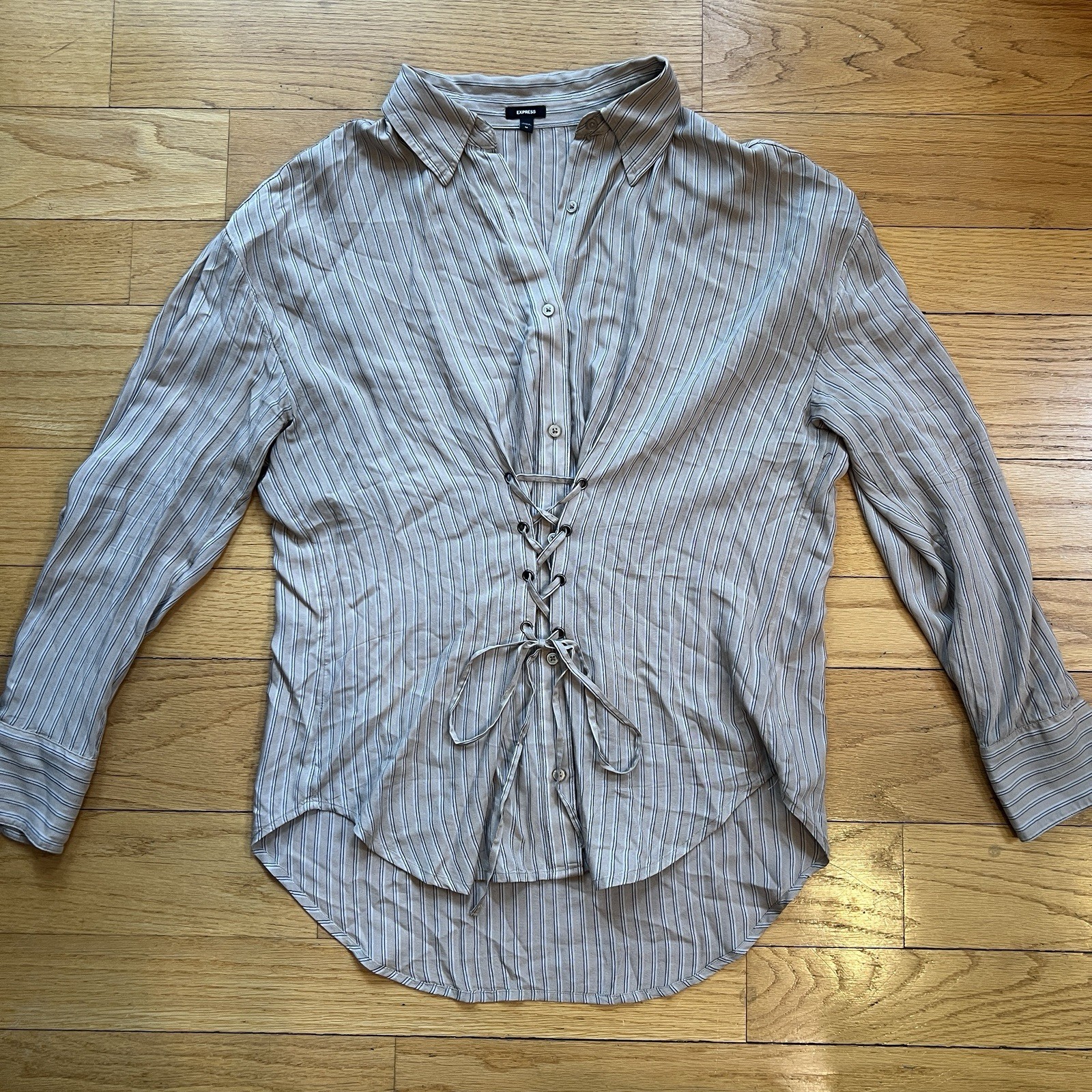 Express Striped Lace-Up Button Collared Long Slee… - image 3