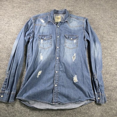 Jack Jones , Denim Long Sleeve Pearl Snap Distressed Look