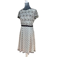 Adrianna Papell Ivory Black Lace Midi Dress Fit & Flare Cocktail Party Size 12