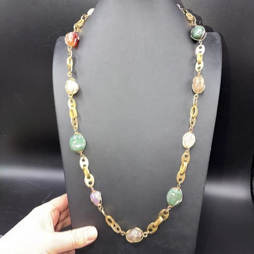 Vintage Signed Miriam Haskell necklace PAT Linked Gemstone Gold Tone Quartz 26”L
