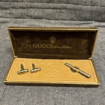 GUCCI Two-Tone Logo Cufflinks Tie Clip Set Silver x Gold Interlocking G Vintage