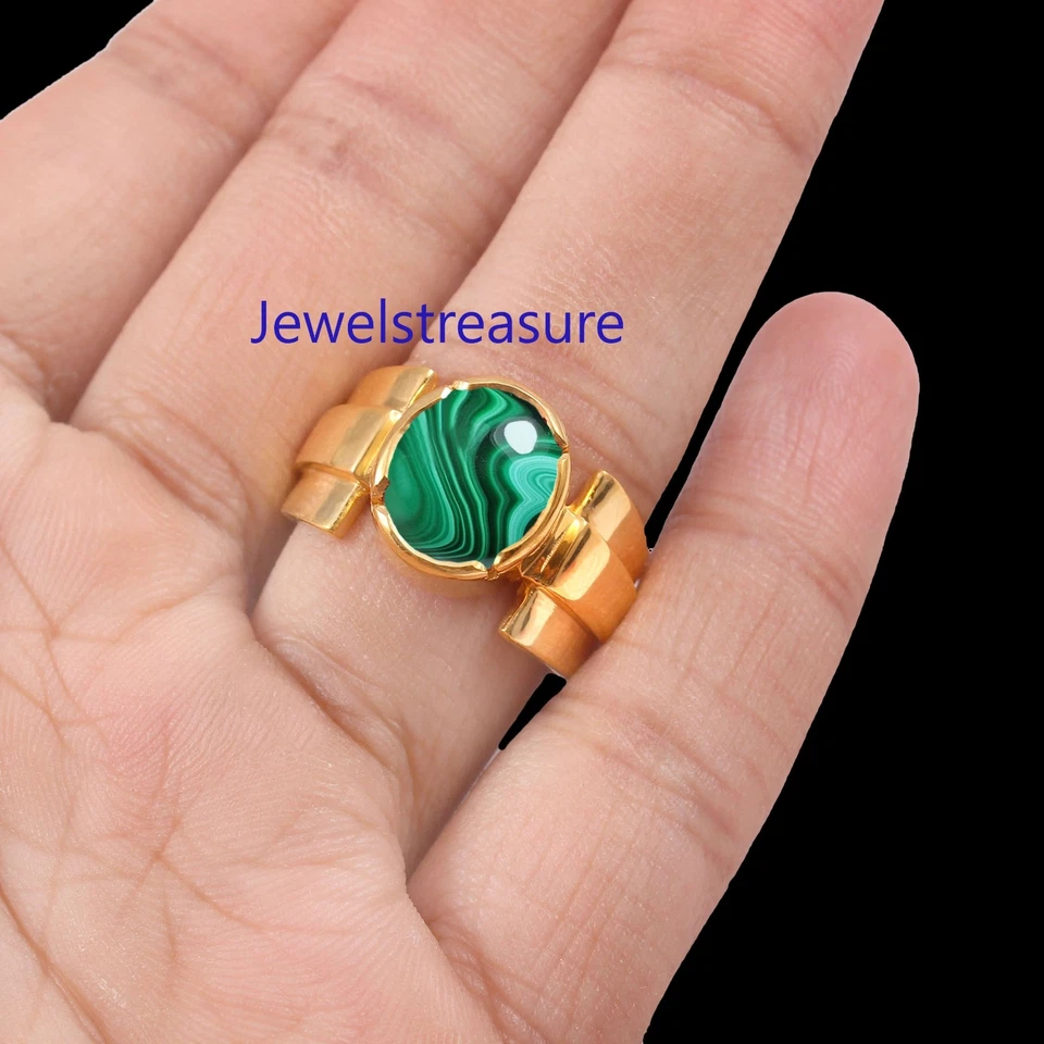 Anillo chapado en oro de plata de ley 925 con piedras preciosas de malaquita natural para hombre #4390 Foto 4 de 4