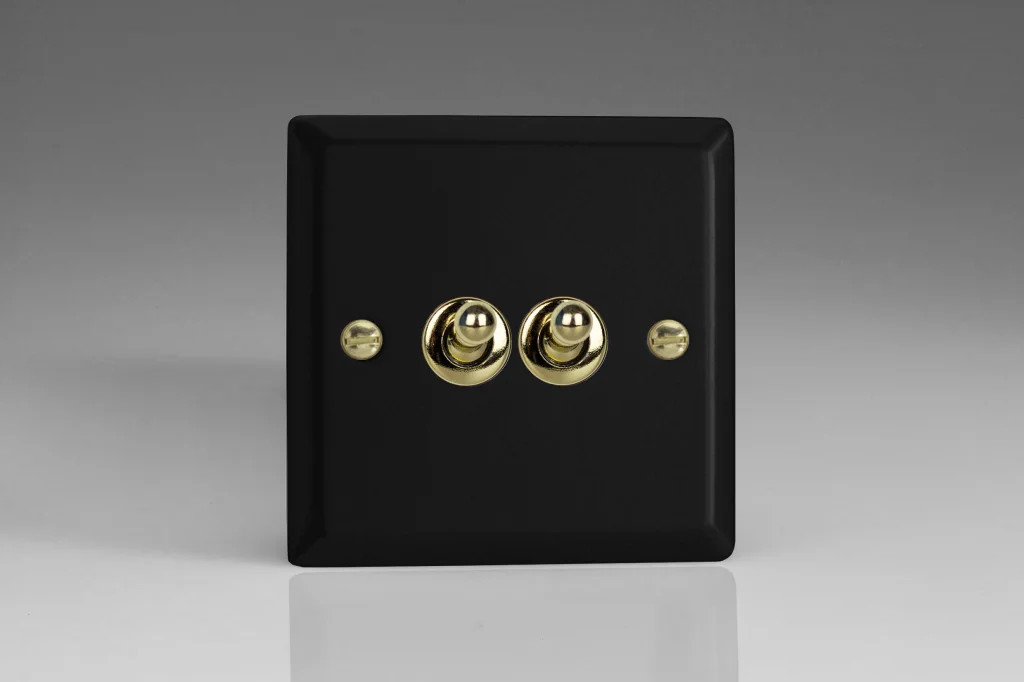 Switch Black Double Intermediate Toggle 10A 2-Gang Vogue Matt + Brass Insert