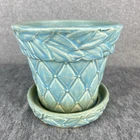 Vintage McCoy USA Teal Sea Green Diamond Bead Leaf Planter Saucer 5" x 5"