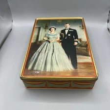 Vintage Queen Elizabeth & Prince Philip Litho Print Edward Sharp & Sons Tin Box