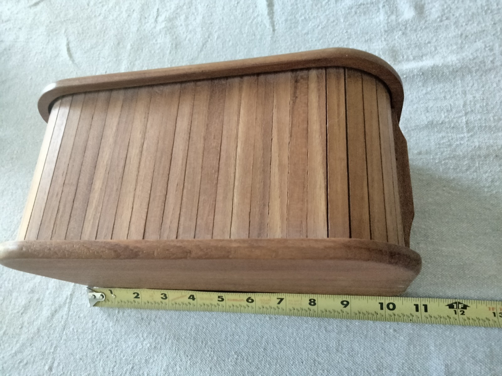 Vtg MCM Kalmar Designs teak wood Tambour Roll Top Disk box 10.5”x5”x6”