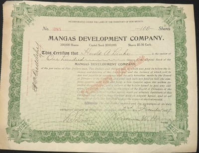 1909 Mangas Development Co. Stock Certificate   New Mexico Territory  100 Shares