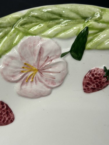 Studio Signed 3D hand Printed Pottery plate of strawberries and bindweed 10.25” - Picture 3 of 11