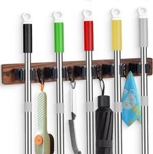Broom Holder Wall Mount With 5 Slots & 4 Hooks，Rustic Wood & Mop Brown 