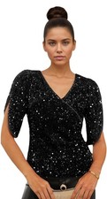 Womens Sequin Tops 3/4 Sleeve Sparkly Tops for Women V Neck Velvet Sequin Shi...