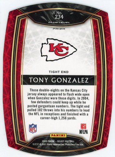 2020 Panini Select - Club Level Tony Gonzalez #234 Orange Prizm Die-Cut - Picture 2 of 2