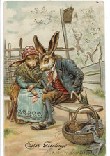 ANTIQUE EMBOSSED EASTER Postcard DRESSED ELDERLY BUNNY COUPLE ON BENCH