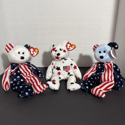 Ty Beanie Babies Patriotic Trio: Spangle (White & Blue Face) & Glory - Retired 