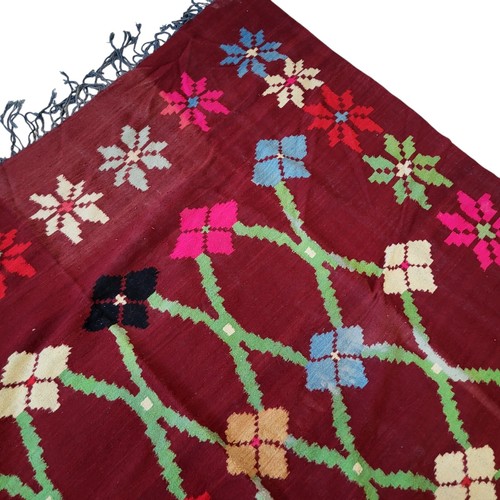 Vintage Moroccan Rug Handmade Fringe Maroon Wool Geometric Floral Design Carpet - Picture 24 of 24