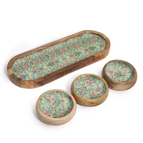 Mangoholz 3 Schüsseln auf Tablett passende Untersetzer - Bild 4 von 14