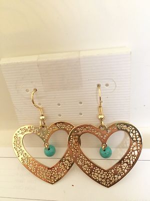 Dangling Heart Hanging Turquoise Bead Drop Earrings Gold Plate Fashion Lasercut