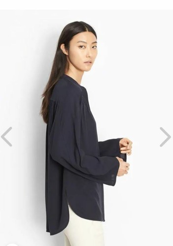E208 NUEVO CON ETIQUETAS VINCE SHIRRED MANGA COMPLETA MUJER BLUSA DE SEDA TALLA XS, M en AZUL MARINO $345 - Imagen 2 de 3