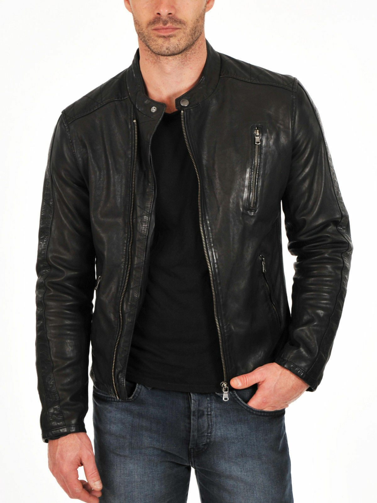 Leather Jacket Men's Biker Coat Racer Motorcycle Cafe Vintage Lambskin Black 46-image
